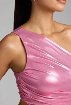 Oh Polly Party Dresses | Birthday^One Shoulder Metallic Jersey Mini Dress in Rose Pink RosePink