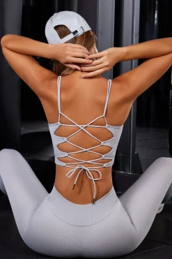 Oh Polly Matching Sets | Sports Bras^Open Back Plunge Neck Sports Bra in Grey