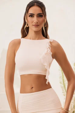 Oh Polly Co-Ords | Tops^Open Back Ruched Ruffle Crop Top in Ivory