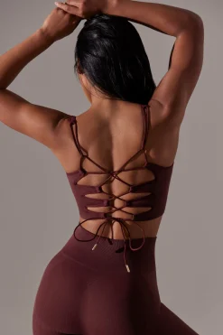 Oh Polly Matching Sets^Open Back Square Neck Sports Bra in Burgundy