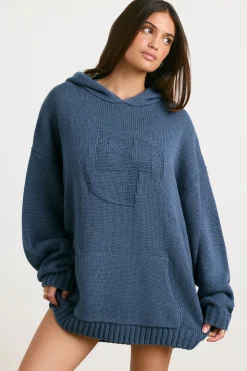Oh Polly Knitwear | Sweatshirts^Oversized Chunky Knit Hoodie in Washed Navy WashedNavy