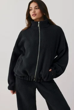 Oh Polly Coats^Oversized Fleece Zip Up Jacket in Onyx