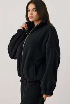 Oh Polly Coats^Oversized Fleece Zip Up Jacket in Onyx
