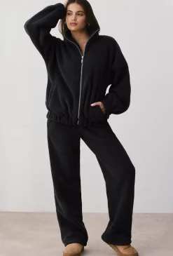 Oh Polly Coats^Oversized Fleece Zip Up Jacket in Onyx