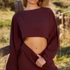 Oh Polly Tops^Oversized Long Sleeve Crop Top in Mahogany