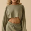 Oh Polly Tops^Oversized Long Sleeve Crop Top in Soft Olive SoftOlive