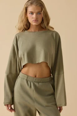 Oh Polly Tops^Oversized Long Sleeve Crop Top in Soft Olive SoftOlive