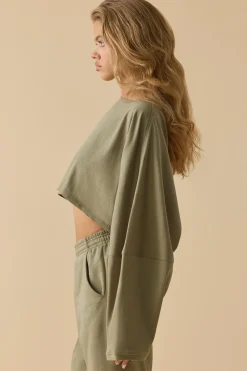 Oh Polly Tops^Oversized Long Sleeve Crop Top in Soft Olive SoftOlive