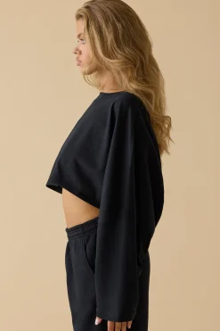 Oh Polly Tops^Oversized Long Sleeve Crop Top in Black