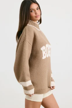 Oh Polly Knitwear^Oversized Quarter-Zip Chunky-Knit Jumper in Espresso