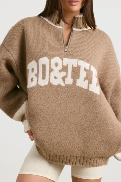 Oh Polly Knitwear^Oversized Quarter-Zip Chunky-Knit Jumper in Espresso