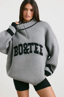 Oh Polly Knitwear | Sweatshirts^Oversized Quarter-Zip Chunky-Knit Jumper in Heather Grey HeatherGrey
