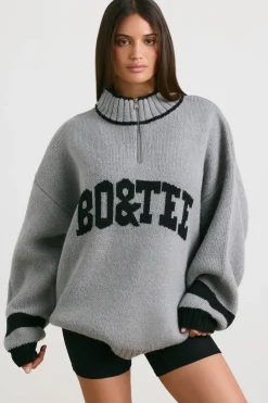 Oh Polly Knitwear | Sweatshirts^Oversized Quarter-Zip Chunky-Knit Jumper in Heather Grey HeatherGrey