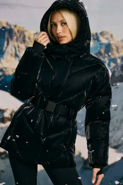 Oh Polly Coats^Oversized Quilted Hooded Ski Jacket in Black