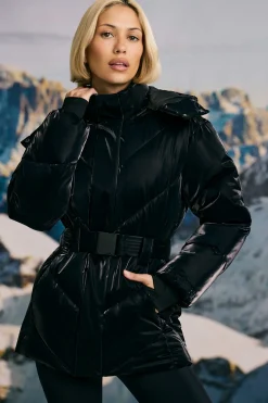 Oh Polly Coats^Oversized Quilted Hooded Ski Jacket in Black