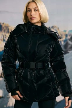 Oh Polly Coats^Oversized Quilted Hooded Ski Jacket in Black