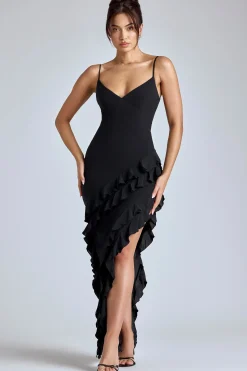 Oh Polly Georgette And Chiffon^Panelled Ruffle Evening Gown in Black