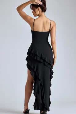 Oh Polly Georgette And Chiffon^Panelled Ruffle Evening Gown in Black