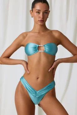 Oh Polly Bikini Sets | Bikini Tops^Pearl-Detail Bandeau Bikini Top in Turquoise
