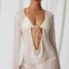 Oh Polly Cover-Ups^Pearl-Detail Cowl-Neck Micro Mini Dress in Pearl White PearlWhite