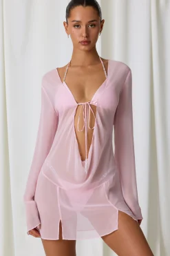 Oh Polly Cover-Ups^Pearl-Detail Cowl-Neck Micro Mini Dress in Soft Pink SoftPink