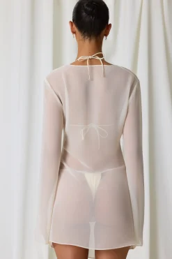 Oh Polly Cover-Ups^Pearl-Detail Cowl-Neck Micro Mini Dress in Pearl White PearlWhite