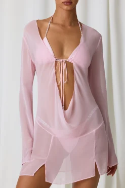 Oh Polly Cover-Ups^Pearl-Detail Cowl-Neck Micro Mini Dress in Soft Pink SoftPink