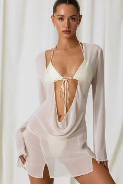 Oh Polly Cover-Ups^Pearl-Detail Cowl-Neck Micro Mini Dress in Pearl White PearlWhite
