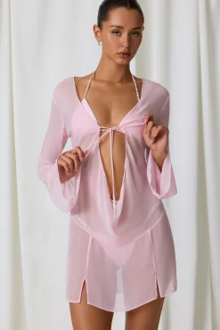 Oh Polly Cover-Ups^Pearl-Detail Cowl-Neck Micro Mini Dress in Soft Pink SoftPink