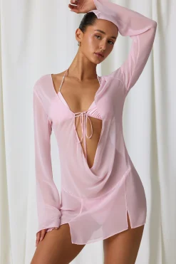 Oh Polly Cover-Ups^Pearl-Detail Cowl-Neck Micro Mini Dress in Soft Pink SoftPink