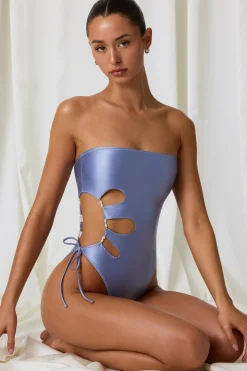 Oh Polly Swimsuits^Pearl-Detail Cut-Out Bandeau Swimsuit in Lavender Purple LavenderPurple