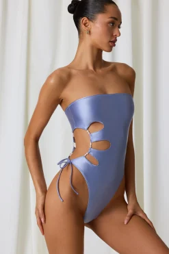 Oh Polly Swimsuits^Pearl-Detail Cut-Out Bandeau Swimsuit in Lavender Purple LavenderPurple