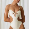 Oh Polly Swimsuits^Pearl-Detail Cut-Out Halterneck Swimsuit in Pearl White PearlWhite