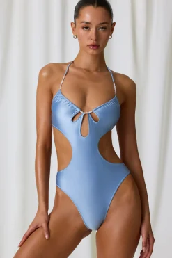 Oh Polly Swimsuits^Pearl-Detail Cut-Out Halterneck Swimsuit in Sky Blue SkyBlue