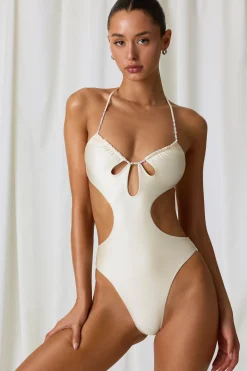 Oh Polly Swimsuits^Pearl-Detail Cut-Out Halterneck Swimsuit in Pearl White PearlWhite