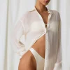 Oh Polly Cover-Ups^Pearl-Detail Oversized Shirt in Pearl White PearlWhite