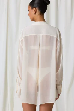 Oh Polly Cover-Ups^Pearl-Detail Oversized Shirt in Pearl White PearlWhite