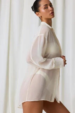 Oh Polly Cover-Ups^Pearl-Detail Oversized Shirt in Pearl White PearlWhite