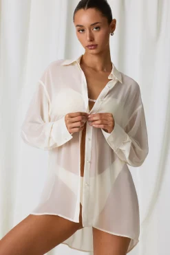 Oh Polly Cover-Ups^Pearl-Detail Oversized Shirt in Pearl White PearlWhite