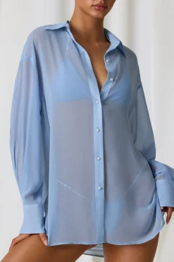 Oh Polly Cover-Ups^Pearl-Detail Oversized Shirt in Sky Blue SkyBlue