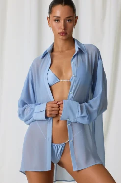 Oh Polly Cover-Ups^Pearl-Detail Oversized Shirt in Sky Blue SkyBlue
