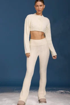 Oh Polly Petite | Knitwear^Petite Cable-Knit Flared Trousers in Cream