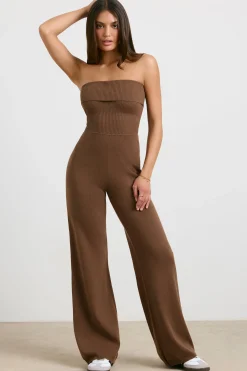 Oh Polly Petite^Petite Chunky Knit Kick Flare Unitard in Espresso