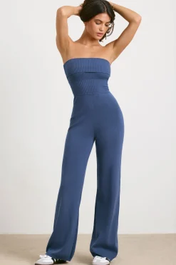 Oh Polly Petite^Petite Chunky Knit Kick Flare Unitard in Washed Navy WashedNavy