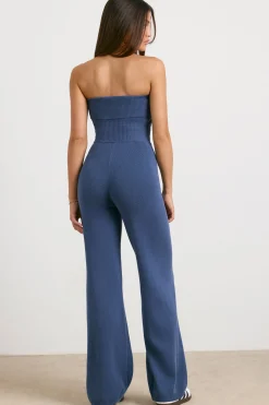 Oh Polly Petite^Petite Chunky Knit Kick Flare Unitard in Washed Navy WashedNavy