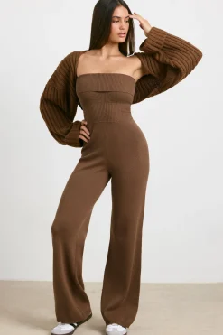 Oh Polly Petite^Petite Chunky Knit Kick Flare Unitard in Espresso