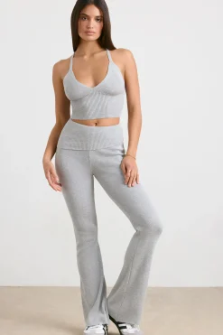 Oh Polly Petite^Petite Chunky Knit Kick Flare Trousers in Heather Grey HeatherGrey