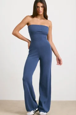 Oh Polly Petite^Petite Chunky Knit Kick Flare Unitard in Washed Navy WashedNavy