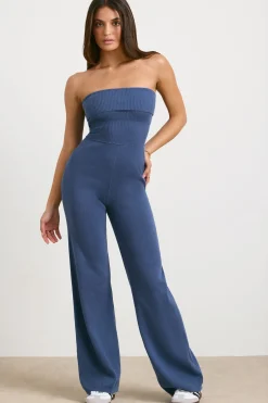 Oh Polly Petite^Petite Chunky Knit Kick Flare Unitard in Washed Navy WashedNavy