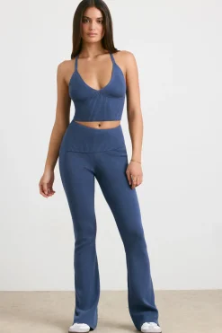 Oh Polly Petite^Petite Chunky Knit Kick Flare Trousers in Washed Navy WashedNavy